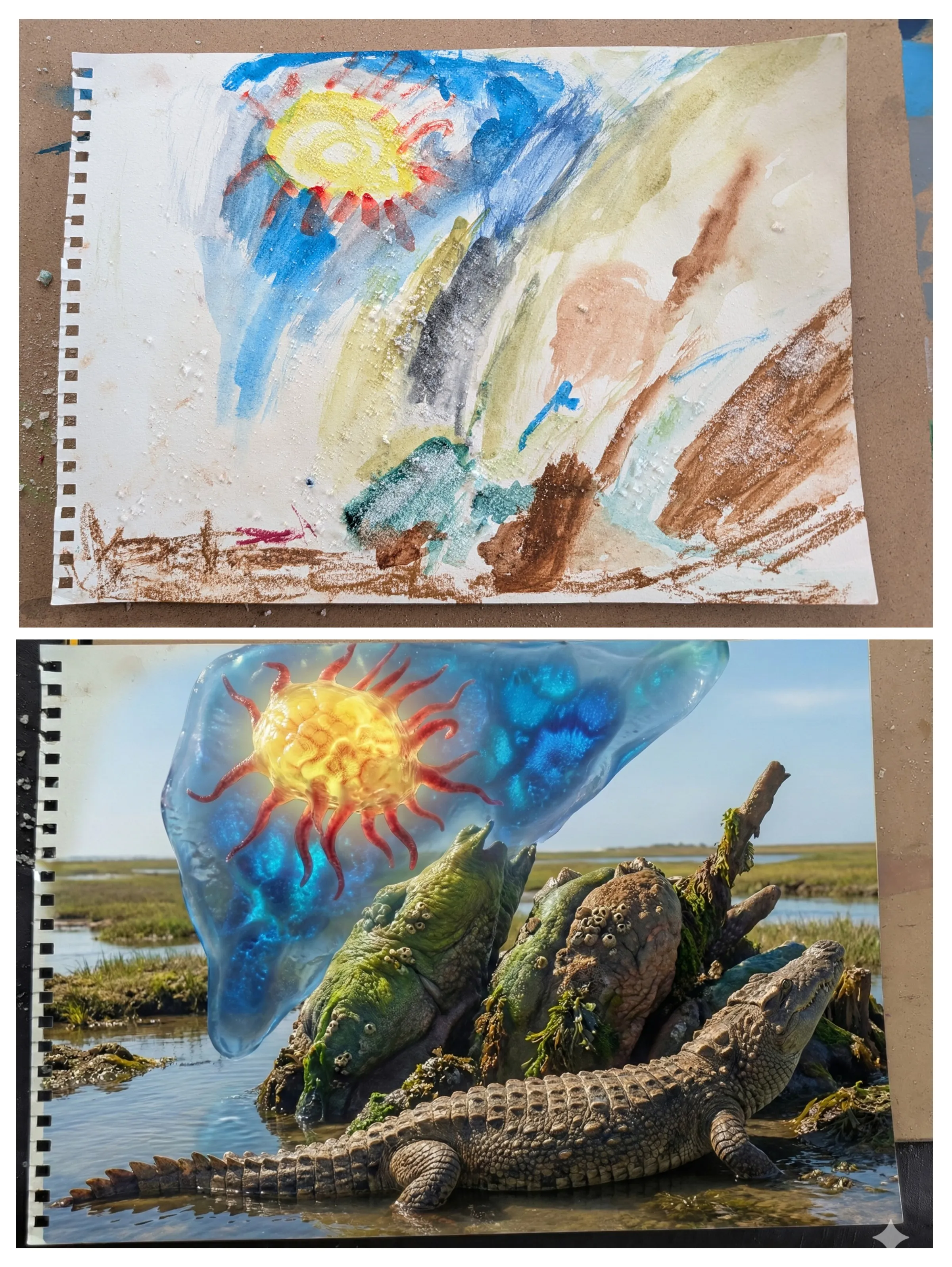 Top: a child's watercolour painting of a yellow sun with red rays over blue and brown brushstrokes on spiral-bound paper. Bottom: a photorealistic AI interpretation showing moss-covered crocodiles basking in a salt marsh beneath a translucent, jellyfish-like sun with glowing tendrils.