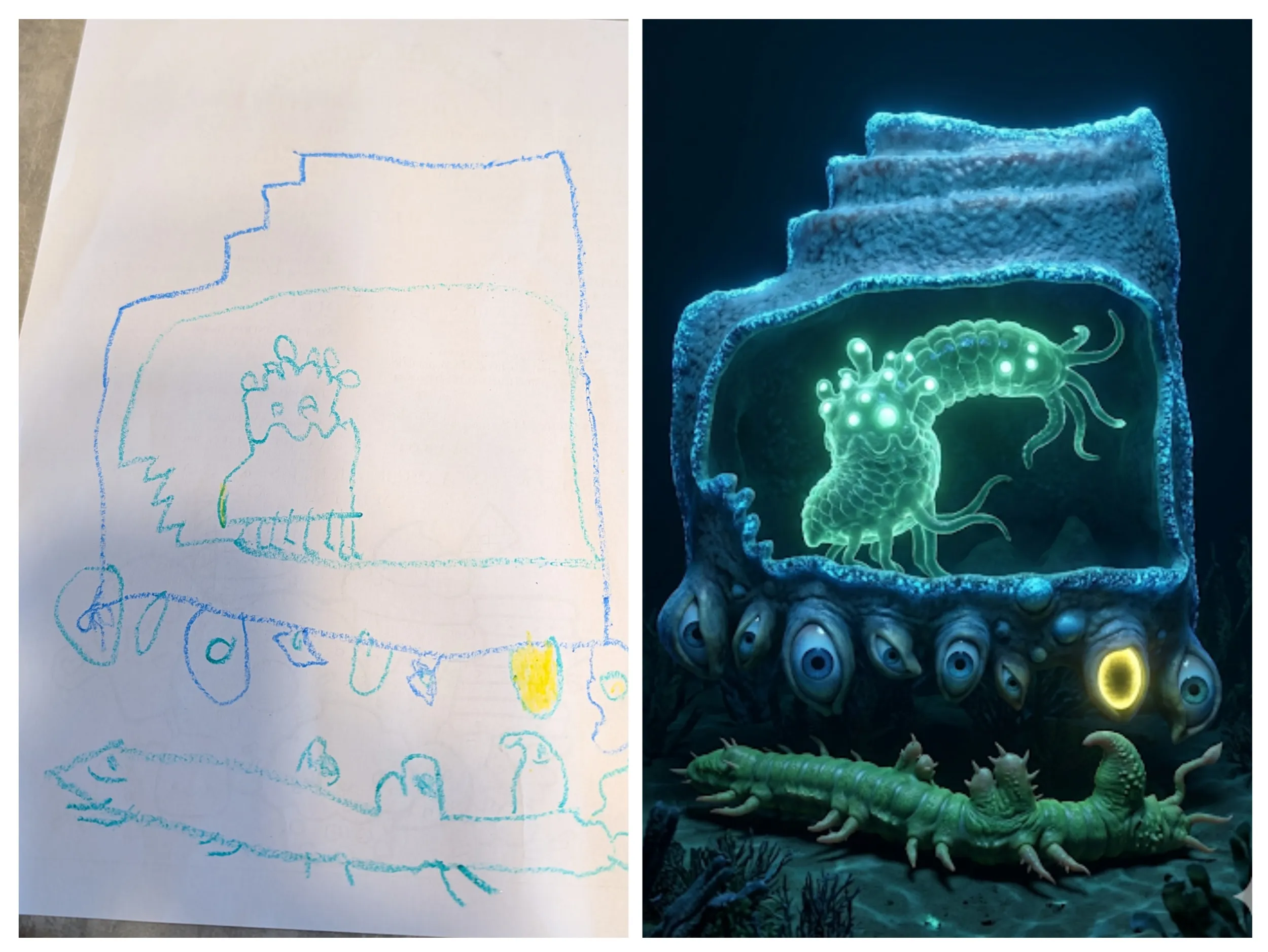 Left: a child's blue pen drawing of a layered underwater scene with a creature inside a rectangular frame and shapes below. Right: a photorealistic AI interpretation showing a bioluminescent deep-sea cavern with a glowing green tentacled organism displayed behind rock, a row of bulging blue eyes along the base, and a spiny lizard-like creature on the seabed.