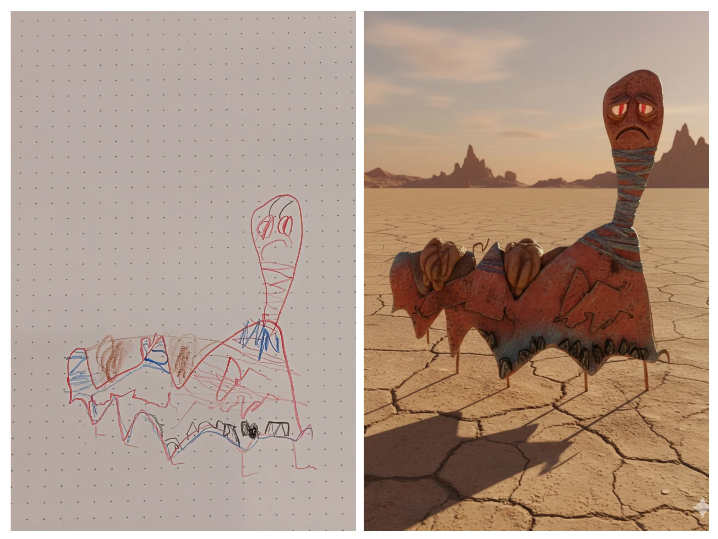 Left: a child's red and blue pen drawing on dot-grid paper of a jagged creature with a long striped neck, glowing eyes, and spiky ridges along its back. Right: a photorealistic AI interpretation of the same creature rendered in weathered red and brown textures, standing on cracked desert earth with rocky spires in the hazy background.
