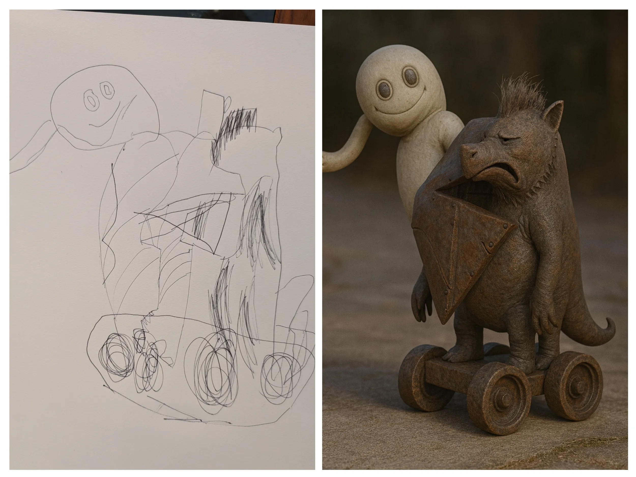 Left: a child's energetic pencil scribble of two stacked figures on circular wheels. Right: a photorealistic AI interpretation showing a smooth, smiling pale figure sitting atop a grumpy carved-wood gargoyle on chunky wooden wheels, resembling a handmade antique pull-toy.
