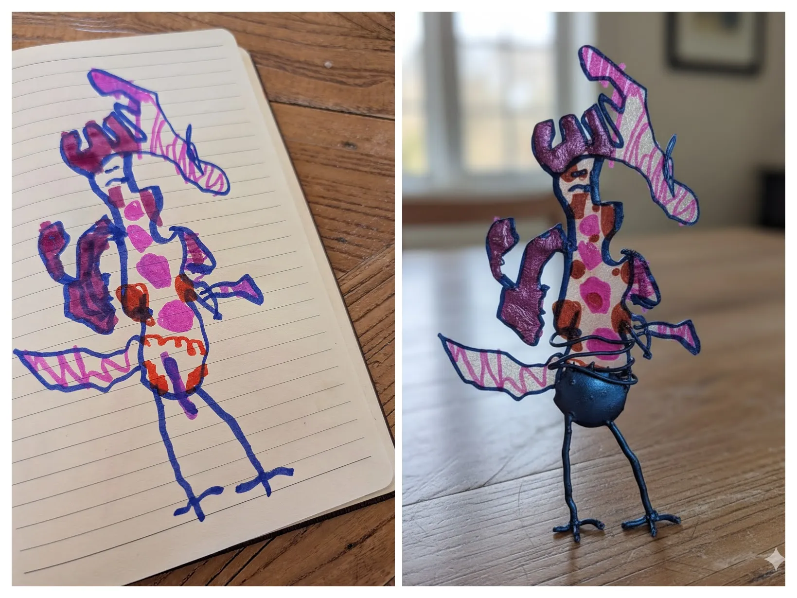 Left: a child's vivid marker drawing in a lined notebook of a tall creature with pink spots, zigzag purple antlers, trumpet-shaped hands, and thin blue legs. Right: a photorealistic AI interpretation as a tiny painted metal figurine of the same character standing on a wooden floor, with glossy pink spots, curling purple horns, and delicate wire legs.