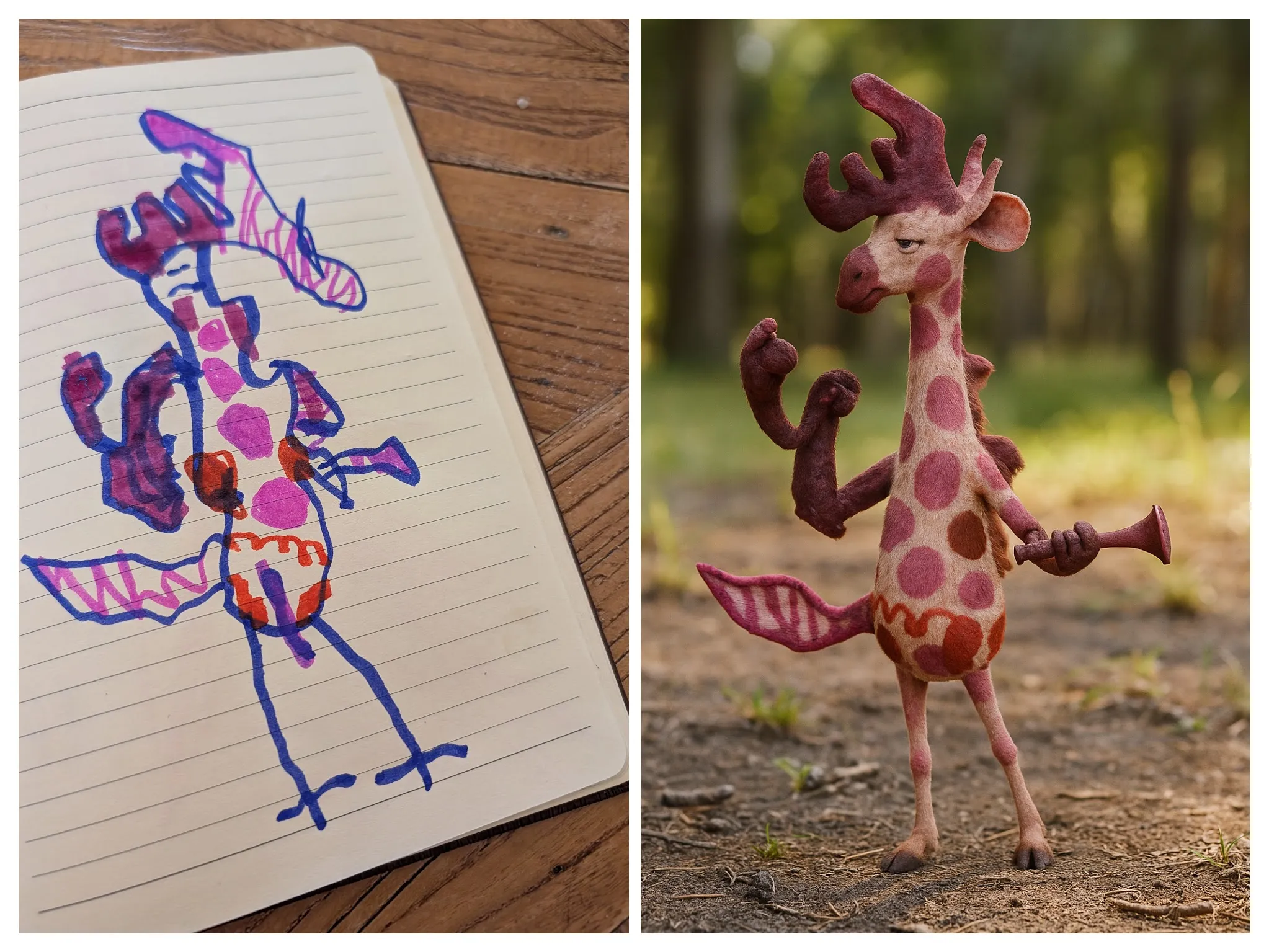 Left: the same vivid marker drawing of a spotted creature with purple antlers and trumpet hands. Right: a photorealistic AI interpretation as a soft felt-like giraffe creature with pink spots and branching antlers, standing on a sunlit forest path with one wing-like arm outstretched.