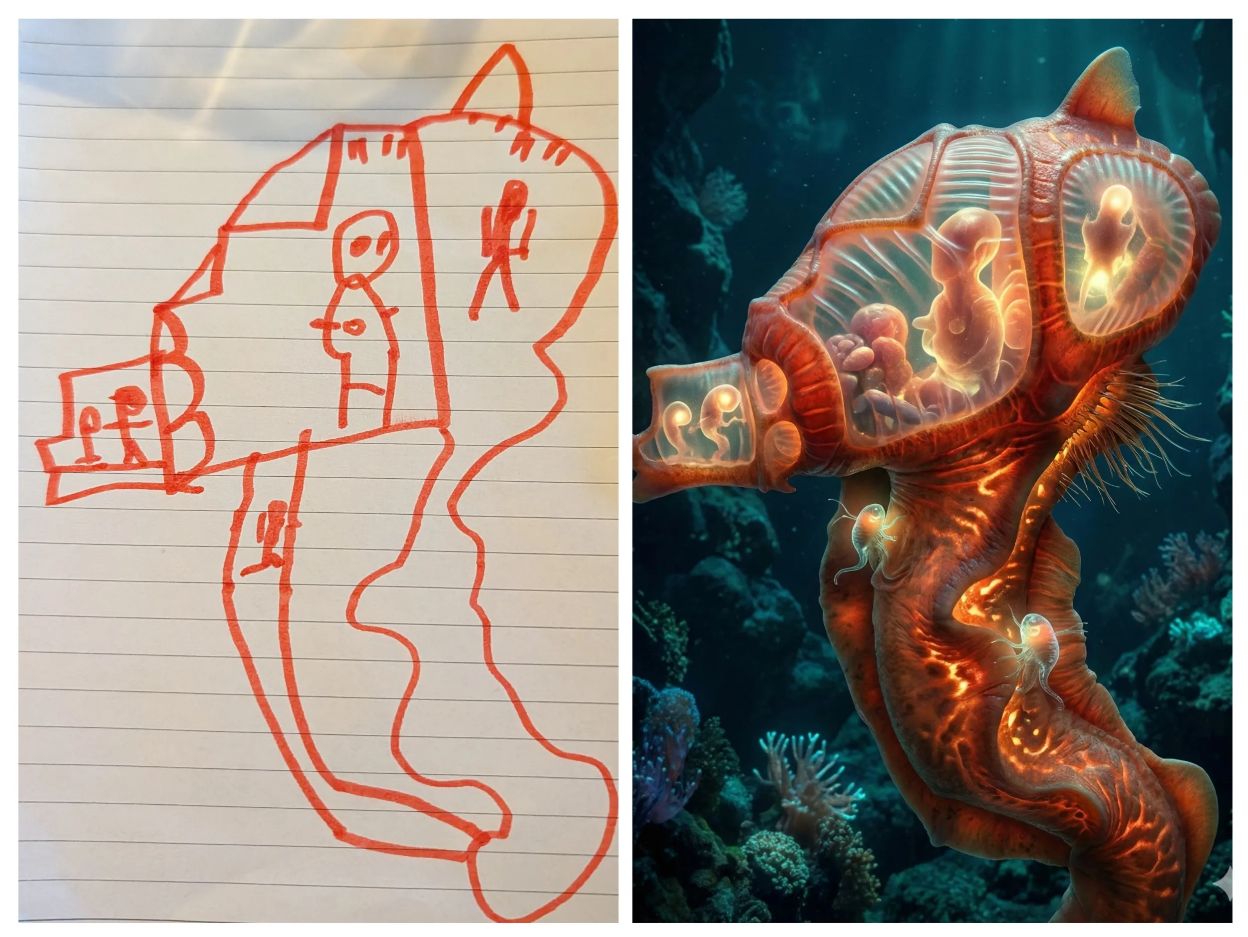 Left: a child's red marker drawing on lined paper of a large seahorse-like creature with multiple small faces embedded in its body and pointed ear-like horns. Right: a photorealistic AI interpretation as a glowing translucent orange seahorse with bioluminescent chambers containing curled embryonic forms, floating in a dark coral reef.