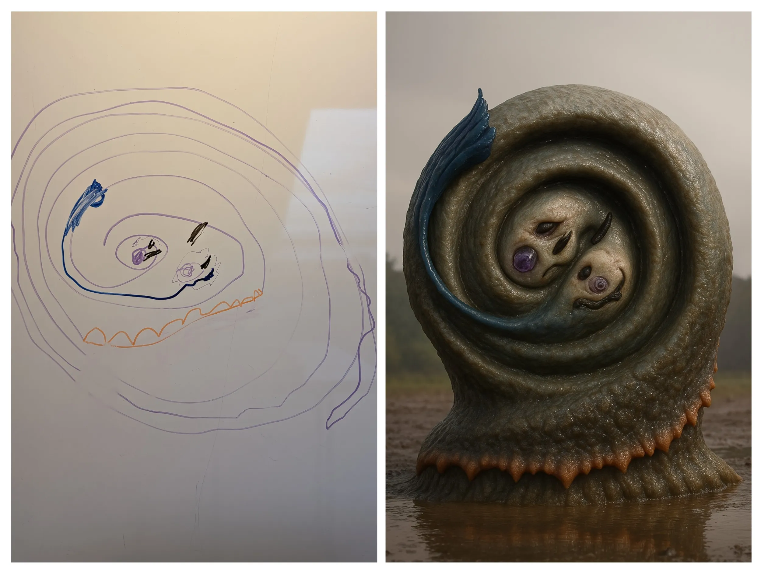 Left: a child's blue and orange pen drawing of a spiral shell creature with a small face nestled inside concentric circles and a zigzag base. Right: a photorealistic AI interpretation as a weathered stone spiral shell rising from still misty water, with two pale faces curled inside the spiral and a row of fleshy orange teeth along its base.