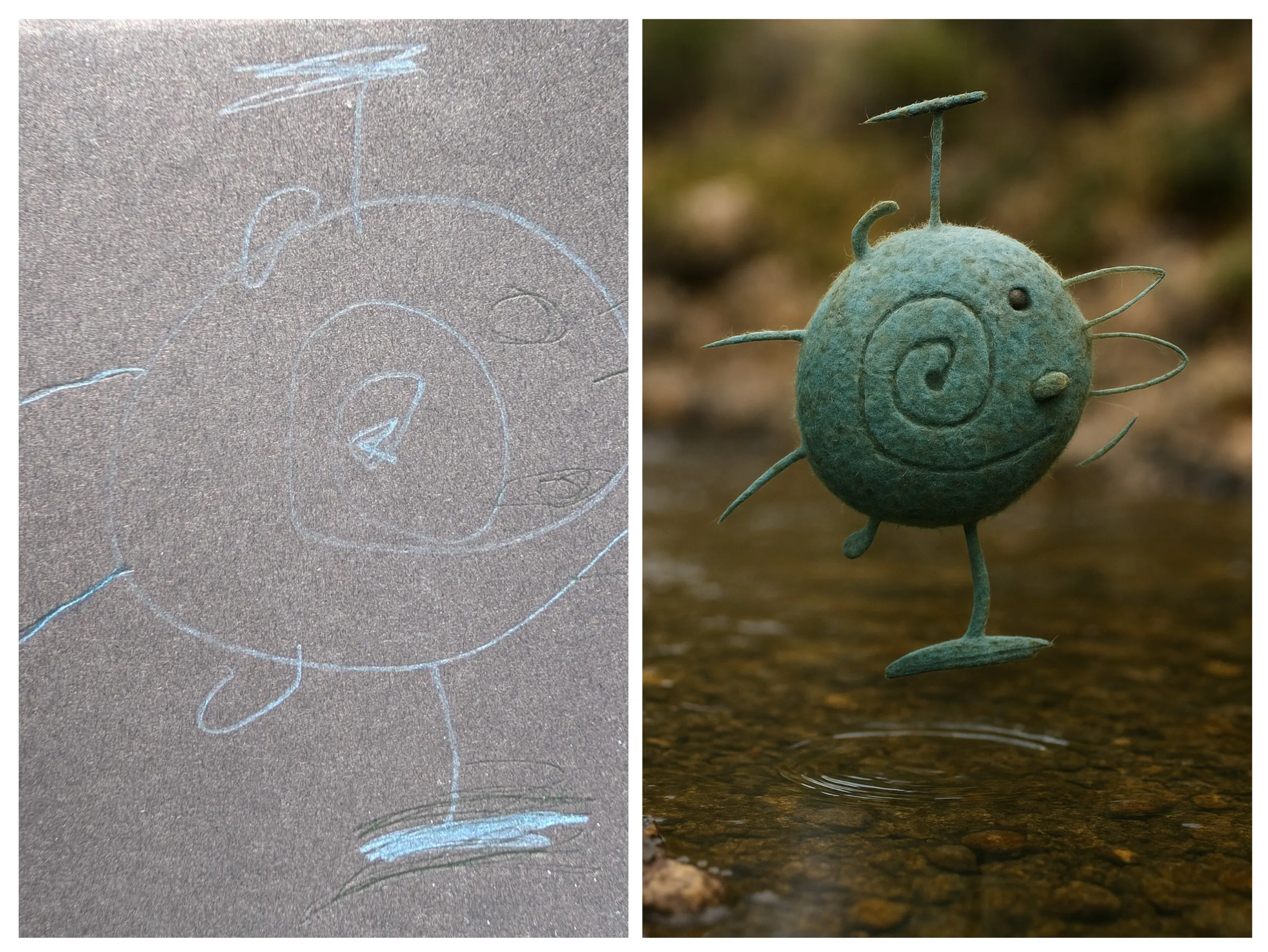 Left: a child's light blue chalk drawing on dark paper of a round character with a spiral on its belly, small wings, stick legs, and a thin antenna. Right: a photorealistic AI interpretation as a teal felted sphere creature with a carved spiral, tiny fin-like wings, and thin metal legs, hovering just above a shallow rocky stream.