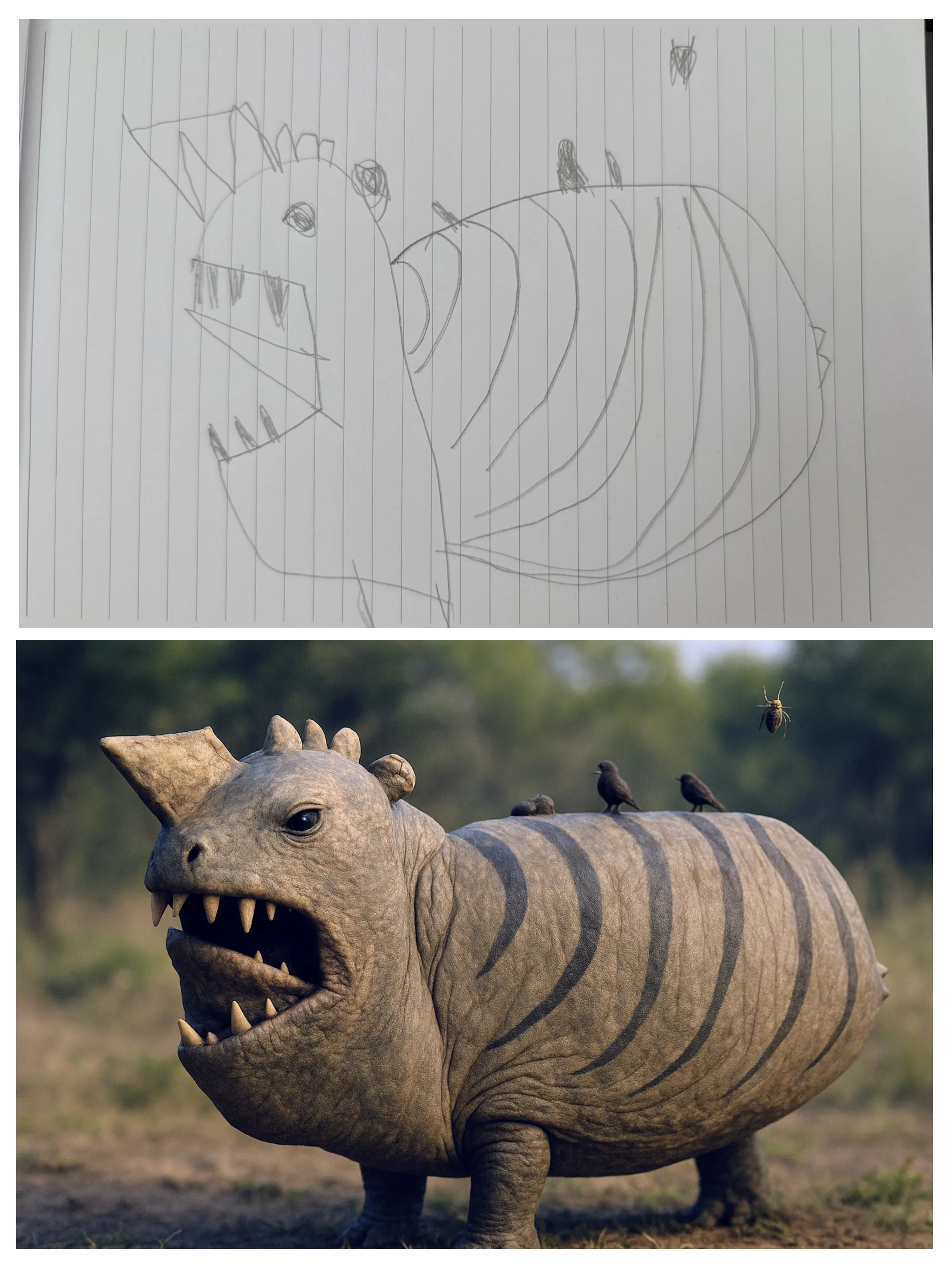 Top: a child's pencil drawing on lined paper of a stocky beast with dark vertical stripes, a wide open mouth full of sharp teeth, pointed ears, and a rounded body. Bottom: a photorealistic AI interpretation as a massive rhinoceros-like creature with dark zebra stripes across rough grey hide, baring jagged teeth, with small brown birds perched on its back in a dry savannah.