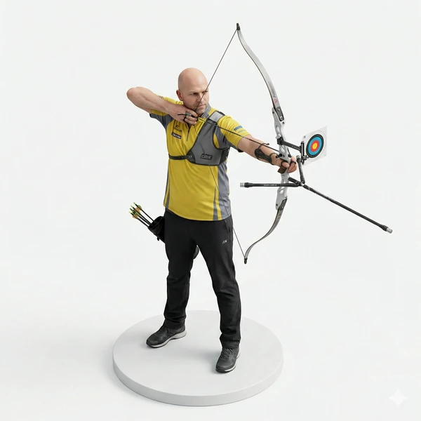 Illustrated portrait of Ben White doing archery