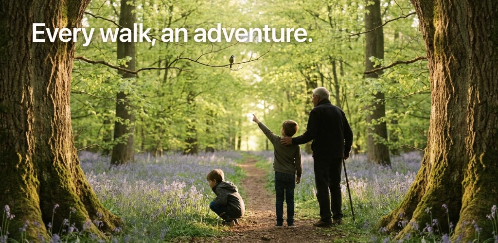 Two children and an adult on a woodland path through spring bluebells in dappled light, one child crouched looking closely at something while the adult points up into the trees. Overlaid text reads 'Every walk, an adventure.'