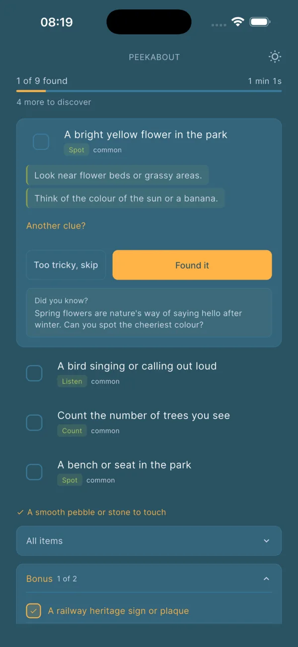 An in-walk hunt screen showing the next item to find, 'A bright yellow flower in the park', with two clue hints, a 'Found it' button, and the rest of the hunt list below.