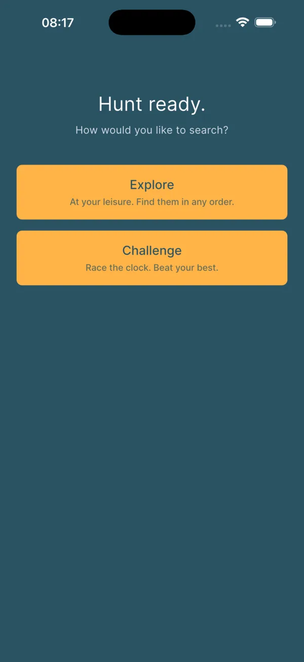 App screen titled 'Hunt ready' with two large amber buttons: Explore (find items in any order) and Challenge (race the clock).