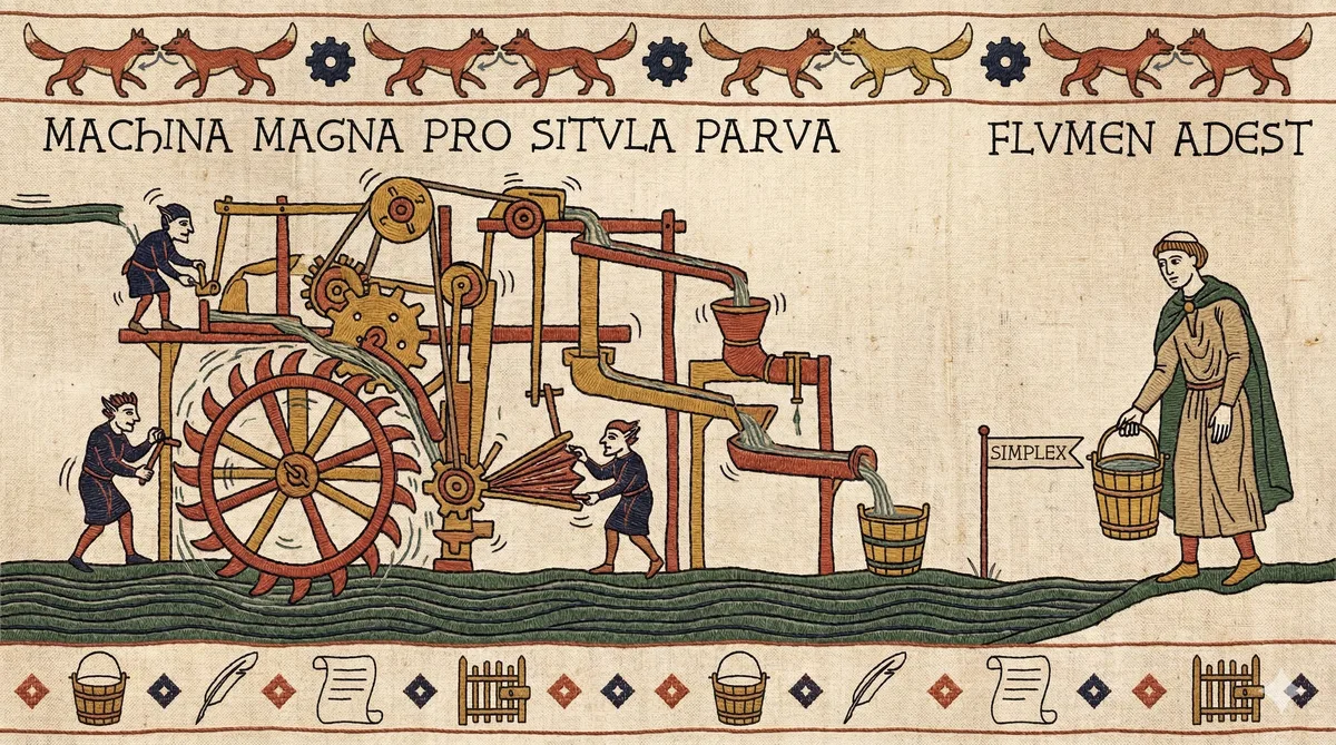 Bayeux Tapestry-style illustration of workers operating an elaborate water wheel machine to fill a small bucket, while a cloaked figure simply fills a bucket from a stream, with Latin text reading Machina Magna Pro Situla Parva and Flumen Adest