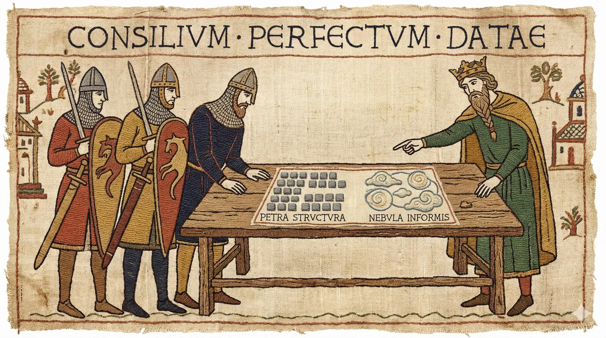Bayeux Tapestry style illustration of a king in green robes directing three armoured knights at a wooden table. The table is divided into neat organised blocks labelled Petra Structura and cloudy undefined shapes labelled Nebula Informis. Medieval buildings and trees frame the scene.
