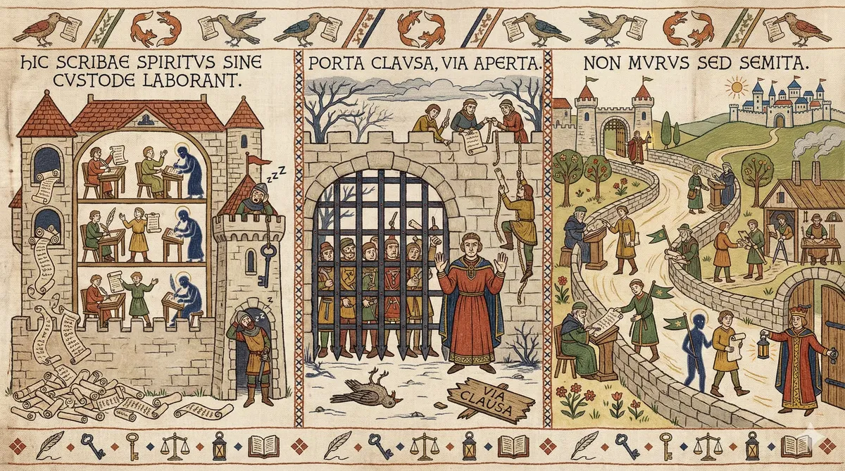 Bayeux Tapestry style triptych. Left panel: 'HIC SCRIBAE SPIRITVS SINE CVSTODE LABORANT' — spirit scribes work unsupervised in a bustling multi-storey scriptorium, writing code while a guard sleeps. Centre panel: 'PORTA CLAVSA, VIA APERTA' — a gatekeeper stands before a locked iron gate, but figures slip through gaps and climb over walls around it. Right panel: 'NON MVRVS SED SEMITA' — a winding open path leads to a thriving village, with people freely walking guardrail-lined roads toward a castle on the hill.