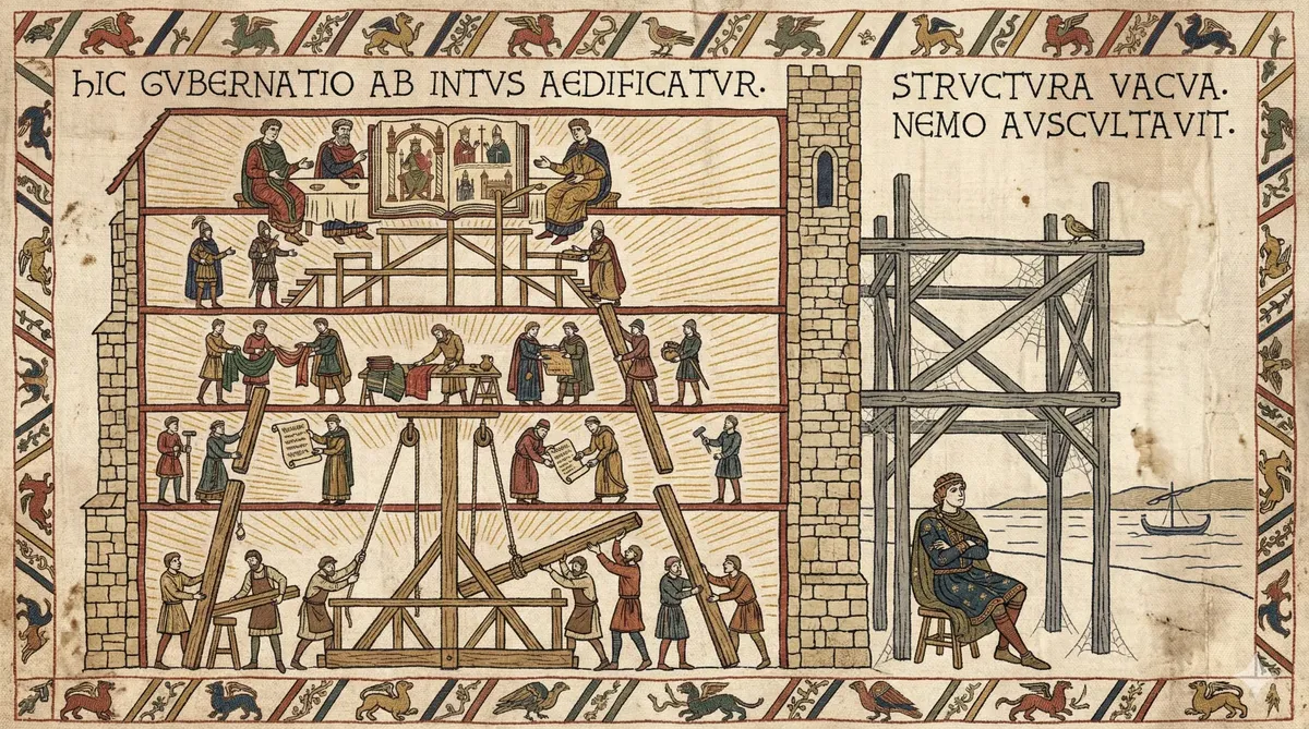 Bayeux Tapestry style illustration contrasting two approaches to AI governance. On the left, a thriving multi-level building filled with workers collaborating at every level, with the Latin inscription HIC GUBERNATIO AB INTUS AEDIFICATUR (here governance is built from within). On the right, an empty scaffolding structure covered in cobwebs with a lone figure sitting idle, inscribed STRUCTURA VACUA NEMO AUSCULTAVIT (an empty structure, no one listened). Mythical creatures decorate the tapestry border.