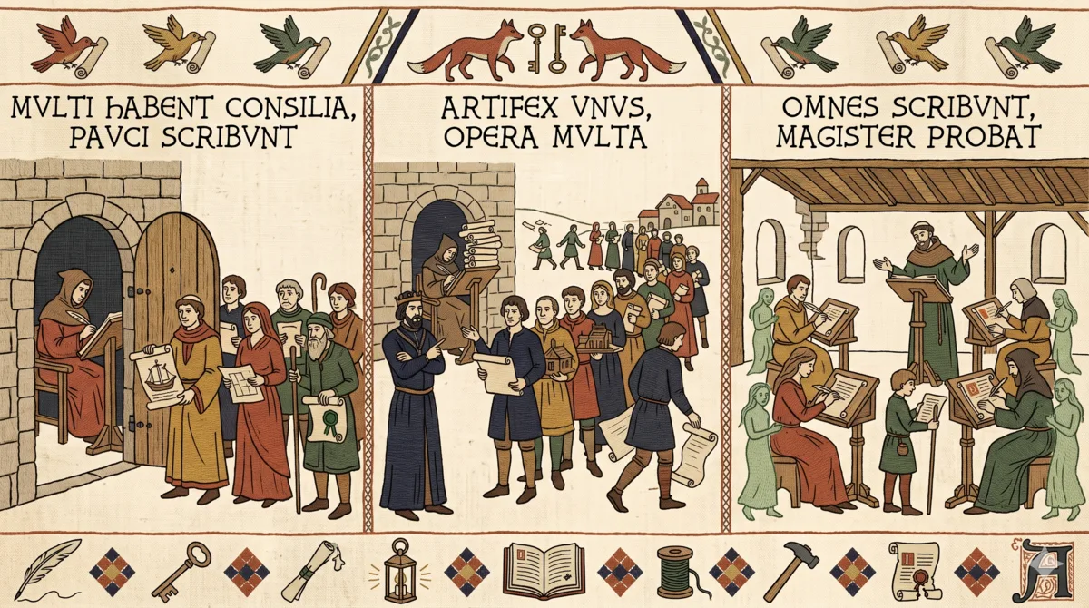 Bayeux-tapestry-style triptych. Left panel, MVLTI HABENT CONSILIA PAVCI SCRIBVNT, shows a single scribe at a desk while a queue of robed figures holding manuscripts waits at the door. Centre panel, ARTIFEX VNVS OPERA MVLTA, shows a lone craftsman at a high desk surrounded by townspeople clutching scrolls. Right panel, OMNES SCRIBVNT MAGISTER PROBAT, shows a master at a podium overseeing many people writing at their own lecterns. Decorative borders of foxes, keys, books, scrolls, lanterns and hammers run top and bottom.