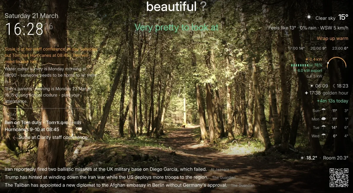 The smart mirror display showing a full logistics view: a woodland path ambient photo behind floating UI elements including the date and time, AI-classified calendar events with conflict detection, weather conditions and clothing advice, a solar energy arc dial, five-day forecast, and three AI-summarised news headlines along the bottom.