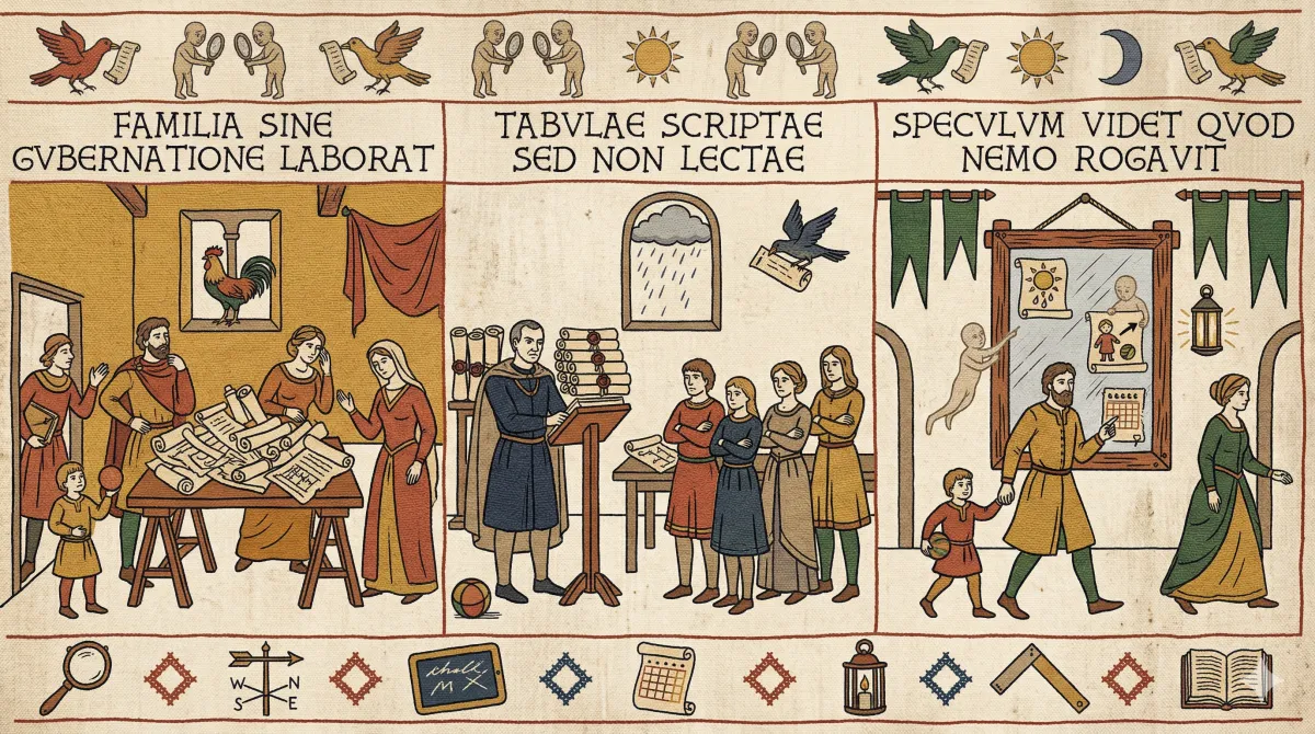 Medieval triptych illustration in three panels: a family struggling with paperwork and schedules, a scholar surrounded by unread tablets, and a family gazing at a smart mirror on the wall that shows calendar and weather information.