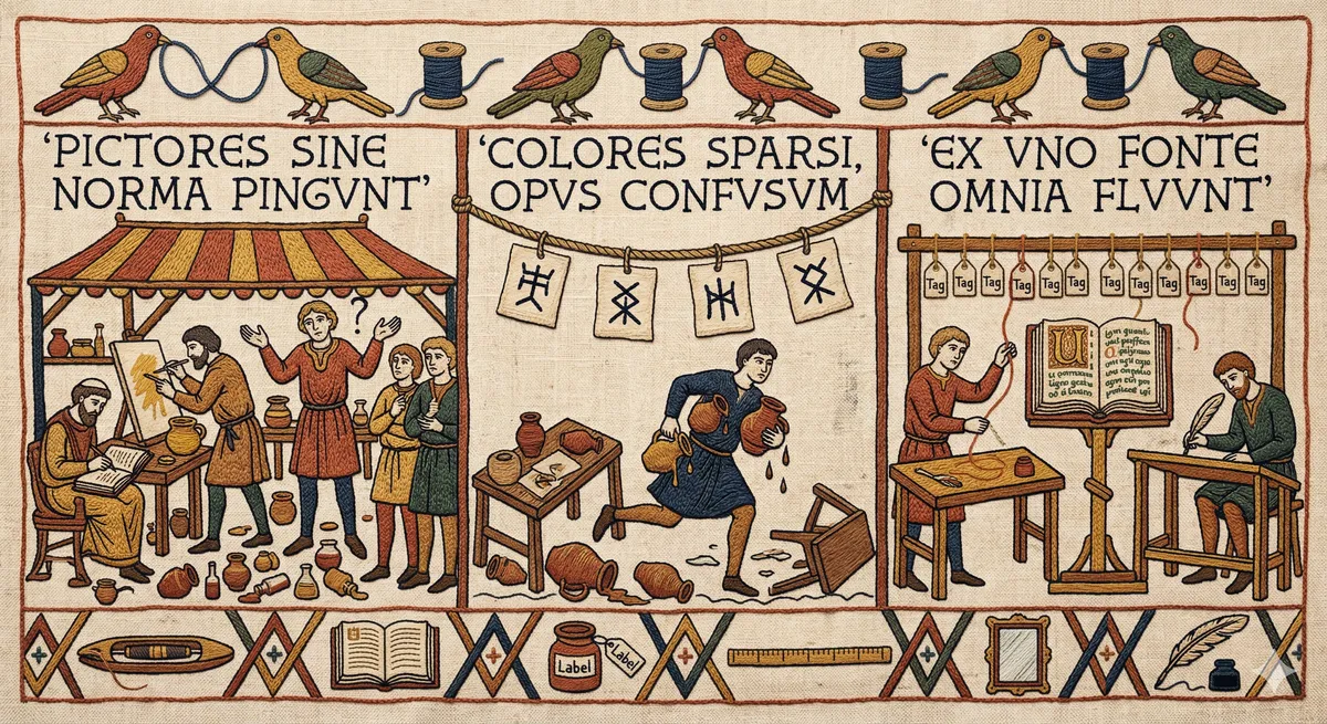 Medieval triptych illustration in Bayeux Tapestry style. Left panel: painters without standards argue over mismatched colours, captioned 'PICTORES SINE NORMA PINGVNT'. Centre panel: a craftsman juggles scattered pigments, captioned 'COLORES SPARSI, OPVS CONFVSVM'. Right panel: scribes work from a single open book of design tokens, captioned 'EX VNO FONTE OMNIA FLVVNT'.