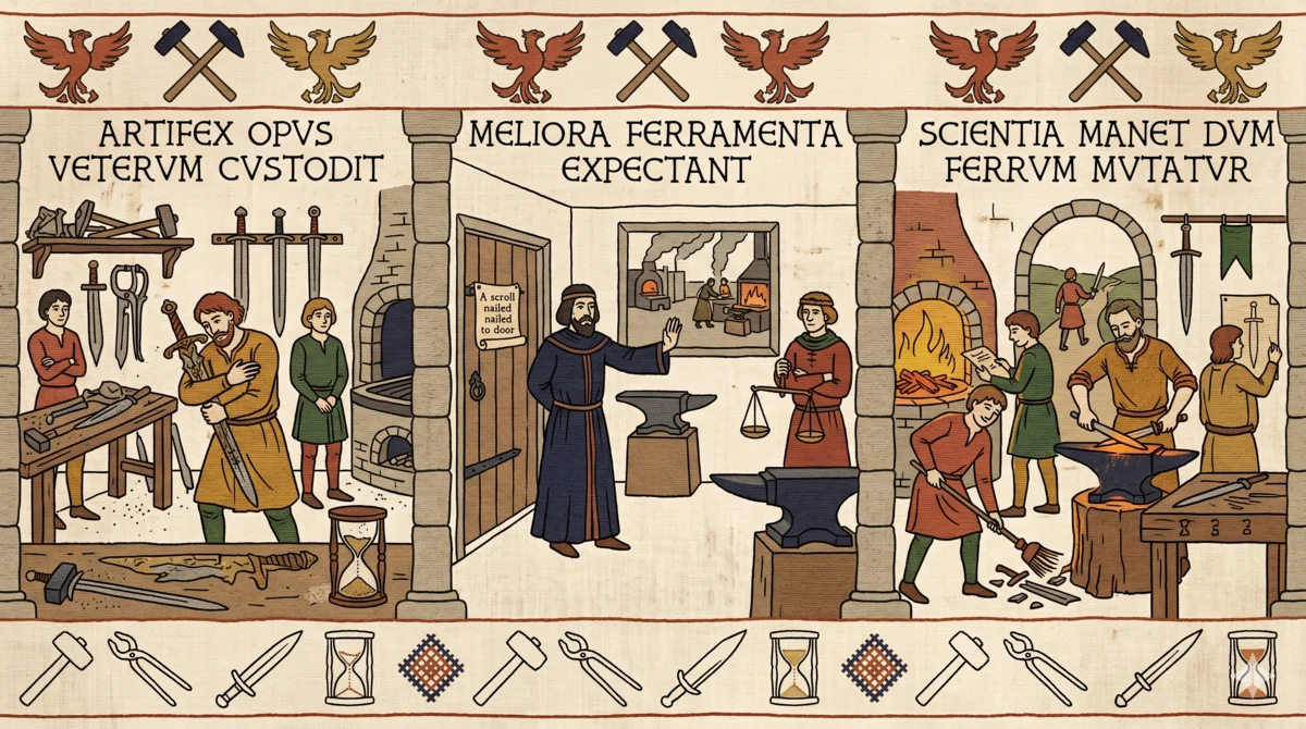 Bayeux-tapestry-style triptych of medieval craft scenes. Left panel, ARTIFEX OPVS VETERVM CVSTODIT, shows a carpenter in a workshop guarding his old tools and finished work. Centre panel, MELIORA FERRAMENTA EXPECTANT, shows a robed figure holding a scroll and waiting by an idle forge and scales for better tools to arrive. Right panel, SCIENTIA MANET DVM FERRVM MVTATVR, shows blacksmiths hammering glowing iron at an anvil beside a roaring furnace, knowledge persisting while the iron is reforged. A decorative border of hourglasses, knives, hammers and tongs runs along the bottom.