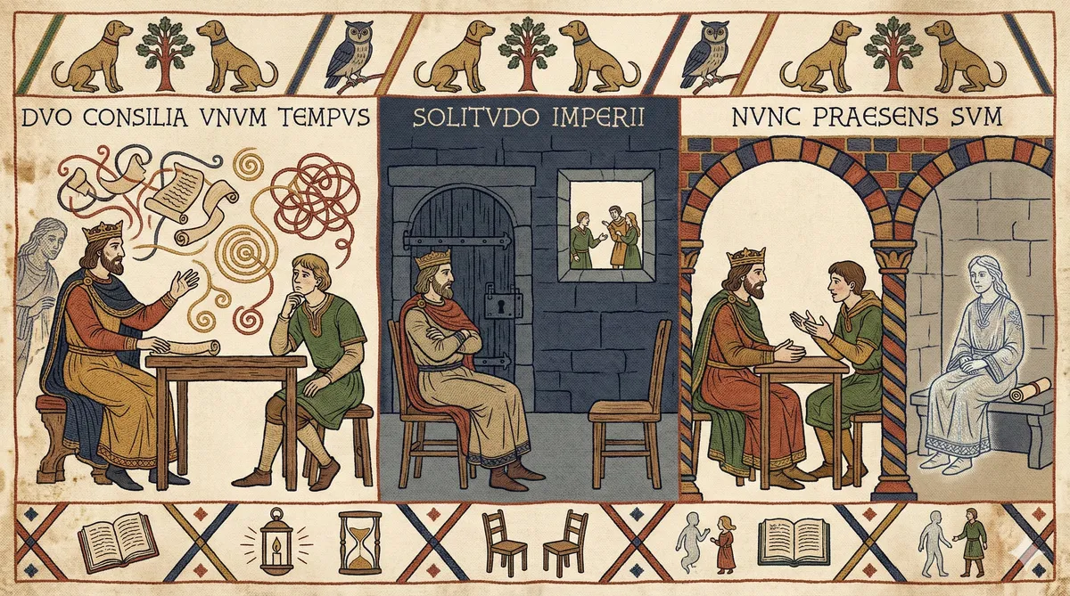 Medieval triptych illustration showing three scenes: a king and advisor debating with swirling thoughts between them (DVO CONSILIA VNVM TEMPVS), a lone ruler sitting in an empty castle hall (SOLITVDO IMPERII), and a king conversing with an advisor while a solitary figure reads behind a wall (NVNC PRAESENS SVM)