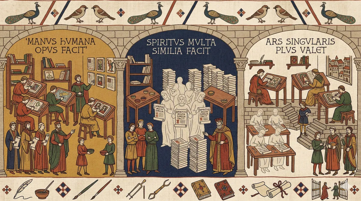 Bayeux Tapestry-style triptych showing three scenes of a scriptorium: craftspeople creating unique illustrated manuscripts by hand (MANVS HVMANA OPVS FACIT), ghostly spirits mass-producing identical stacked copies (SPIRITVS MVLTA SIMILIA FACIT), and artisans creating distinctive commissioned works while a patron reviews them (ARS SINGVLARIS PLVS VALET)