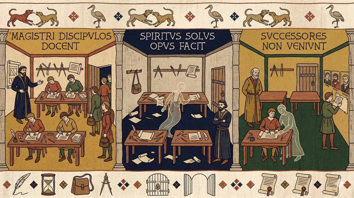 Bayeux Tapestry-style triptych showing three scenes of a scriptorium: masters teaching apprentices at busy desks (MAGISTRI DISCIPVLOS DOCENT), a ghostly spirit working alone at empty desks (SPIRITVS SOLVS OPVS FACIT), and a master with only one apprentice while a ghost assists at near-empty workbenches (SVCCESSORES NON VENIVNT)