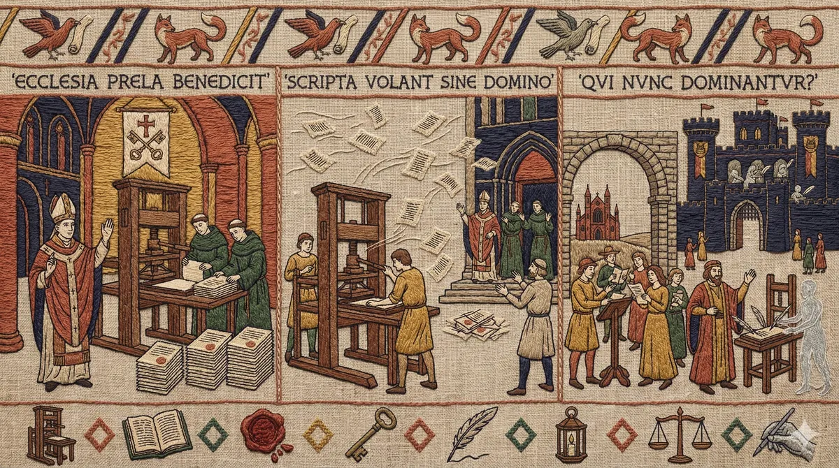 Bayeux Tapestry-style triptych showing three scenes of the printing press era: a bishop blessing monks operating a printing press (ECCLESIA PRELA BENEDICIT), printed pages flying freely without an owner (SCRIPTA VOLANT SINE DOMINO), and figures debating outside a cathedral and castle as citizens read freely (QVI NVNC DOMINANTVR - Who are the masters now?)
