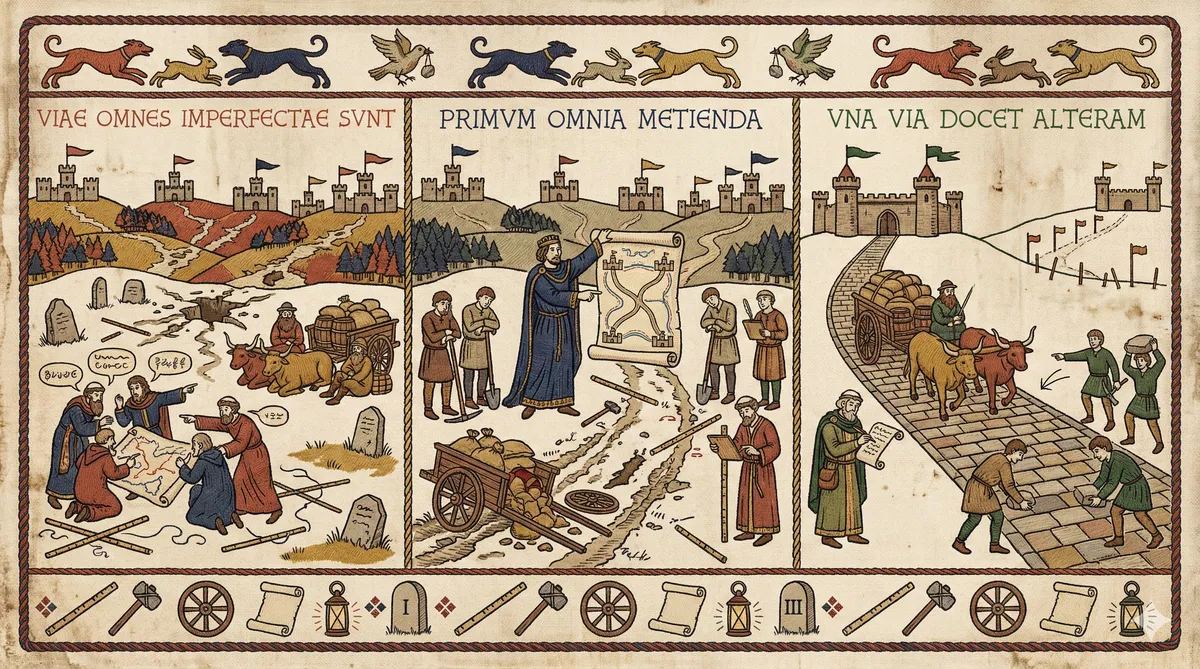 Medieval triptych illustration. Left panel titled VIAE OMNES IMPERFECTAE SVNT shows farmers arguing over broken roads. Centre panel titled PRIMVM OMNIA METIENDA depicts a robed figure presenting plans before a walled city. Right panel titled VNA VIA DOCET ALTERAM shows workers laying a new road with ox carts moving supplies.